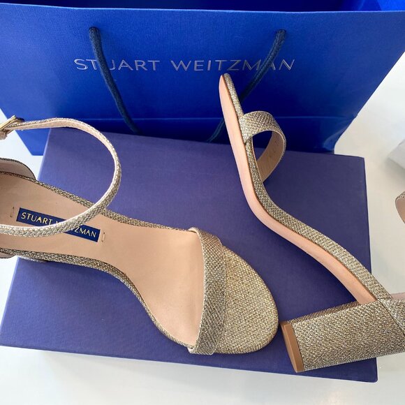 Stuart Weitzman Womens Gold Ankle Strap Glitter  Block Heel - Picture 2 of 5